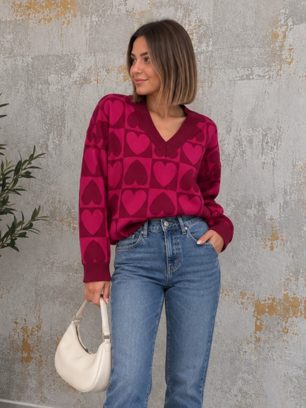 English Factory Fuchsia and Magenta Heart-Print V-Neck Sweater